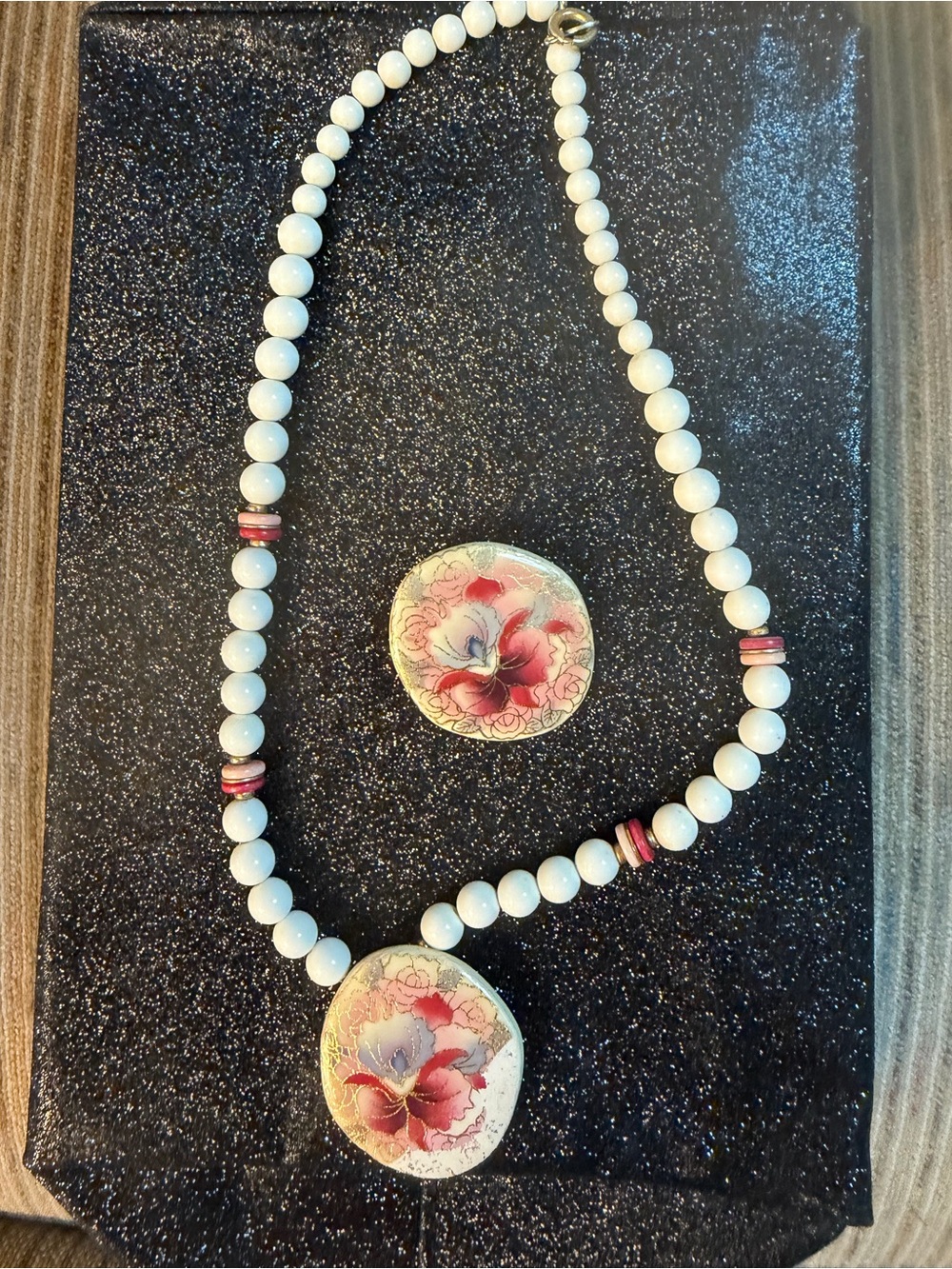 1950s Japanese Hand Painted Necklace & Brooch -Floral Accent. Stamped. Kitschy.